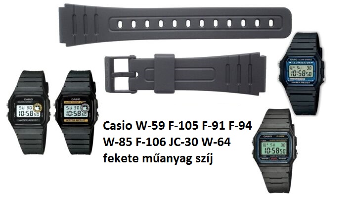 Casio W-59 F-105 F-91 F-94 W-85 F-106 JC-30 W-64 fekete műanyag szíj